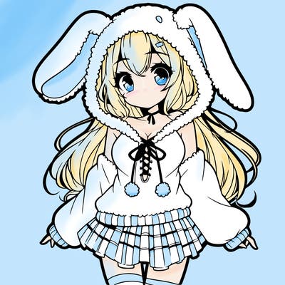 pretty anime girl wearing a fluffy hoodie with bunny ears on the hood and a skirt