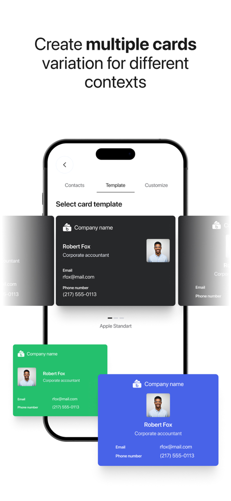 A smartphone displaying several color variations of digital business card templates for different professional contexts.
