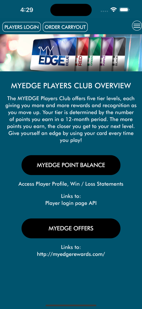 WaterView Casino & Hotel - WaterView CasinoアプリのMyEdge Players Club概要画面。会員ティアとポイント残高オプションが表示されます。