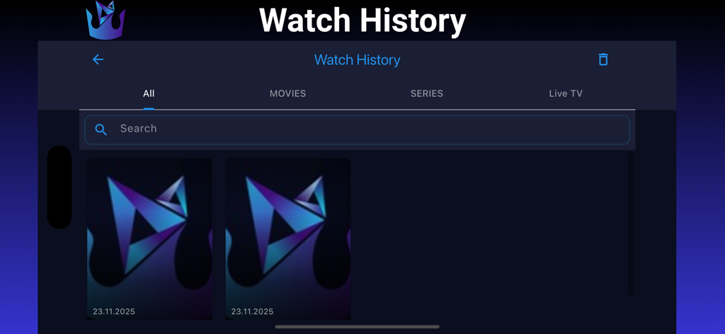 King Stream Player - King Stream Player app interface displaying the watch history section with category tabs for movies, series, and live TV.