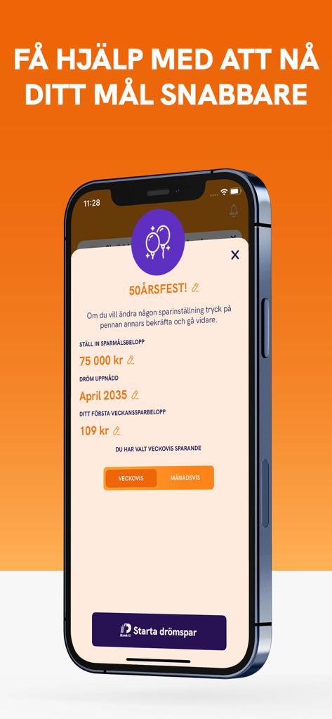 Mobile interface of the NOWO app showing a personalized savings goal for a birthday party