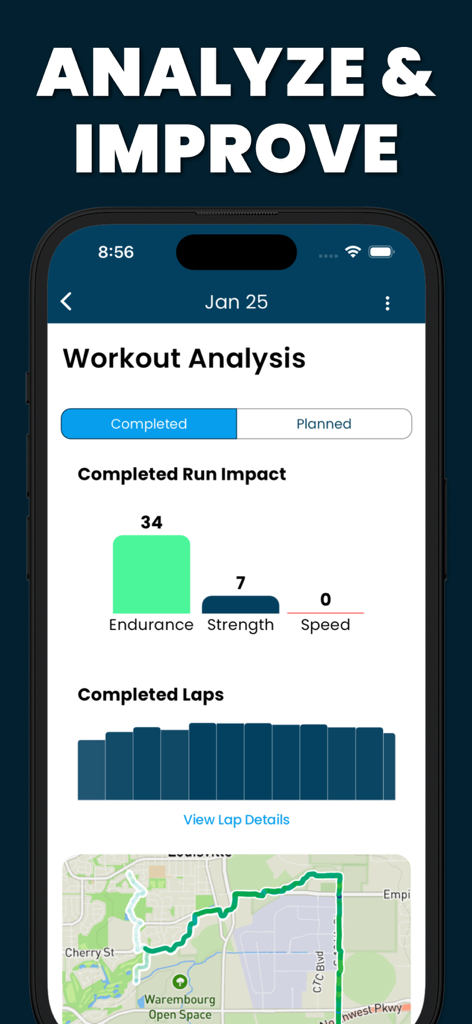 NXT RUN - AI Running Coach - NXT RUN app interface displaying workout analysis with endurance impact metrics and a GPS run route map.