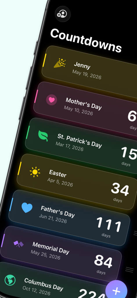 Birthday Countdown Day Counter - A clean list of upcoming holidays and personal birthdays with colorful countdown cards in the Birthday Countdown app.