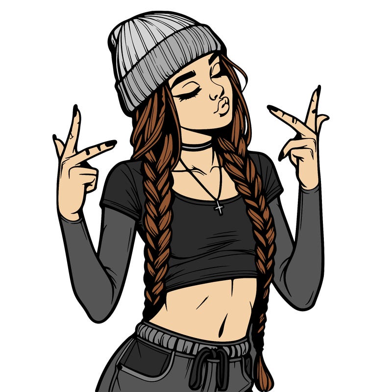 realistic teenage girl with braids and a beanie and crop top doing 🫶🏼