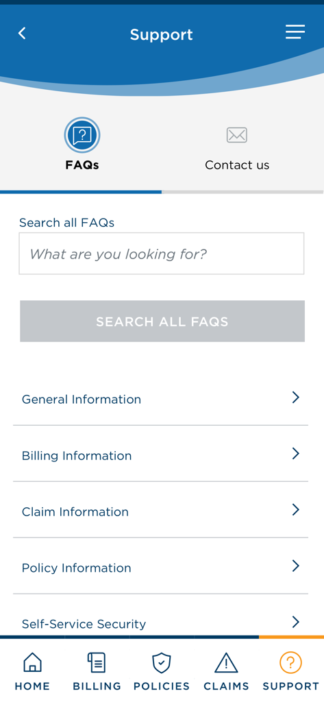 Tela de Suporte do aplicativo MyCombined mostrando categorias de pesquisa de FAQ e informações de seguro