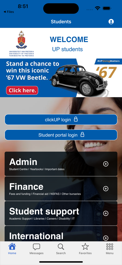 UP Mobile App - Dashboard dell'app mobile dell'Università di Pretoria per studenti con portali di accesso e collegamenti ai servizi accademici