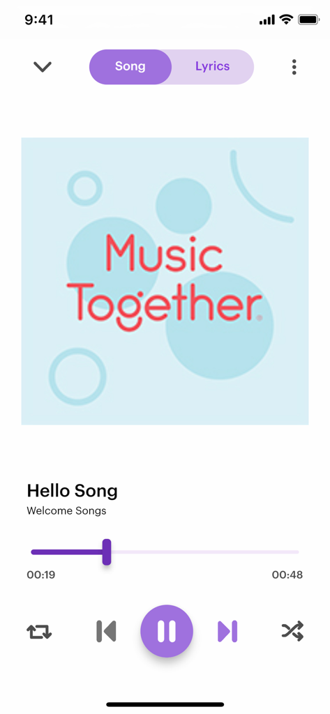 The Music Together app interface playing the Hello Song with audio controls and album art.