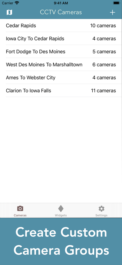 Iowa 511 Traffic Cameras - List of custom traffic camera groups in the Iowa 511 app