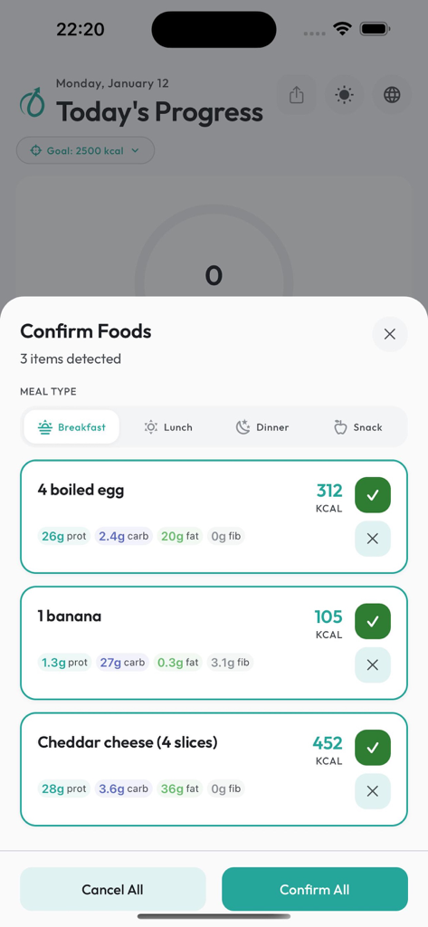 Mobile app interface showing AI detected breakfast items with calorie and macronutrient breakdowns for boiled eggs banana and cheddar cheese