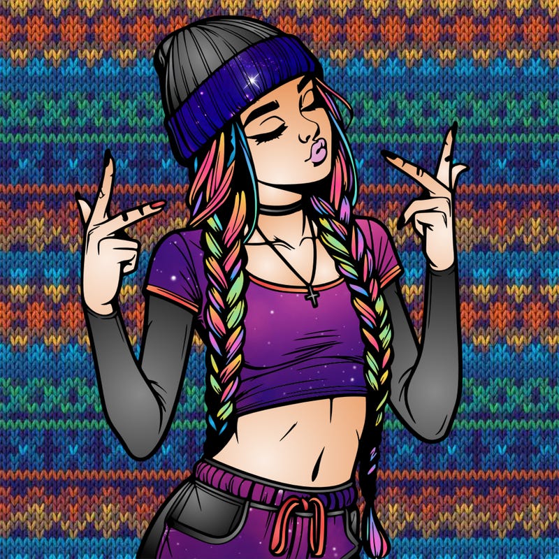 realistic teenage girl with braids and a beanie and crop top doing 🫶🏼