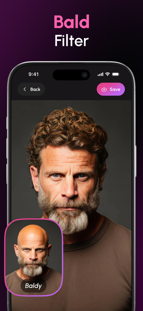AI Hairstyle・Hair Color Filter - A man with curly hair and a beard using the AI bald filter to visualize a shaved head transformation.