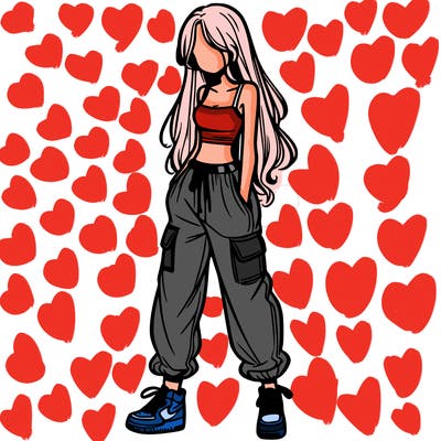 girl in baggy pants crop top and long hair