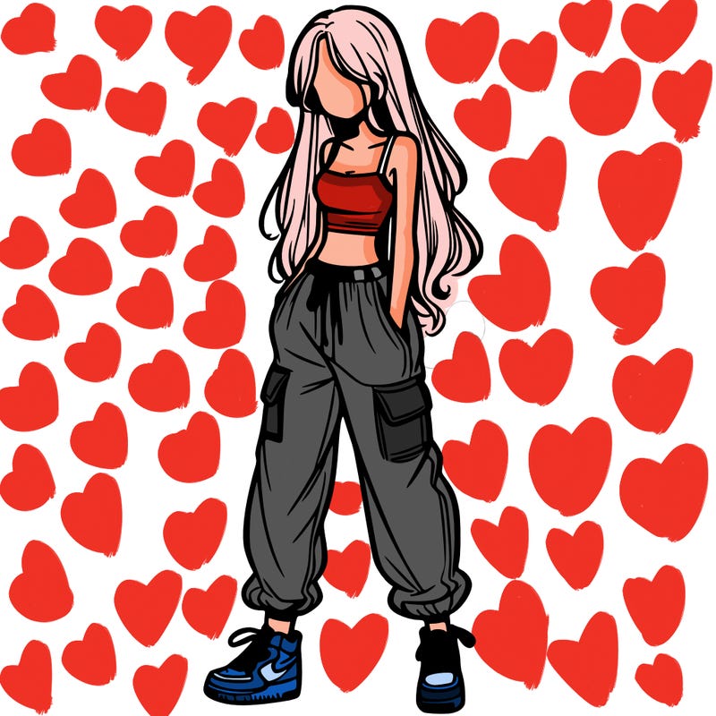 girl in baggy pants crop top and long hair
