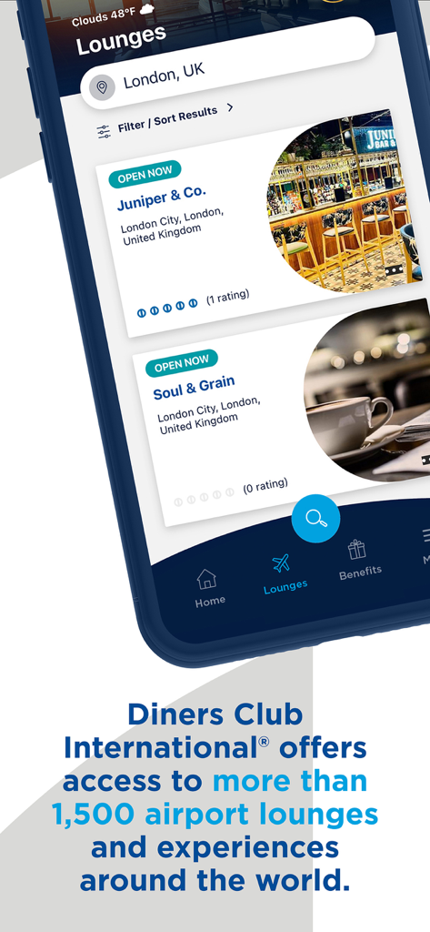 Diners Club International app screen showing airport lounge search results in London.
