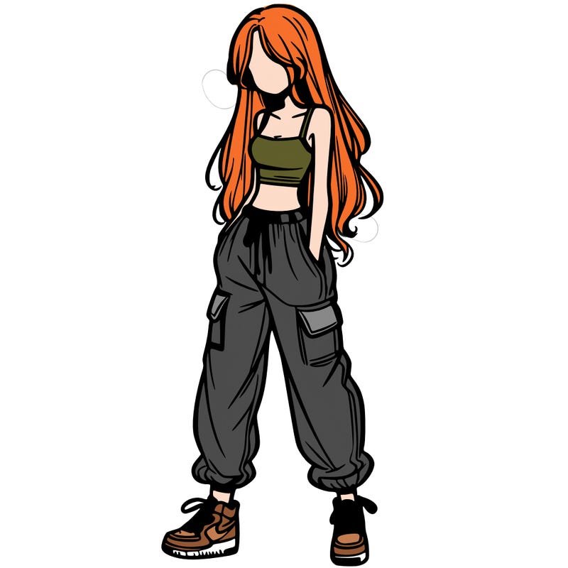 girl in baggy pants crop top and long hair