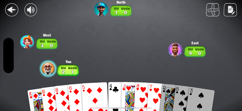 Spades : Offline Card Game - Una interfaz de juego digital de Spades mostrando cuatro avatares de jugadores y una mano de cartas.