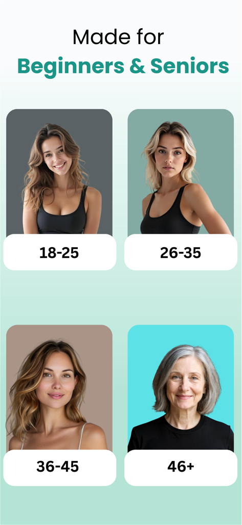 Wall Pilates Challenge & Fit - Pantalla de la aplicación que muestra opciones de rango de edad para principiantes y personas mayores de 18 a 46 años