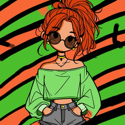 girl with a messy ponytail glasses a baggy crop top and jean shorts