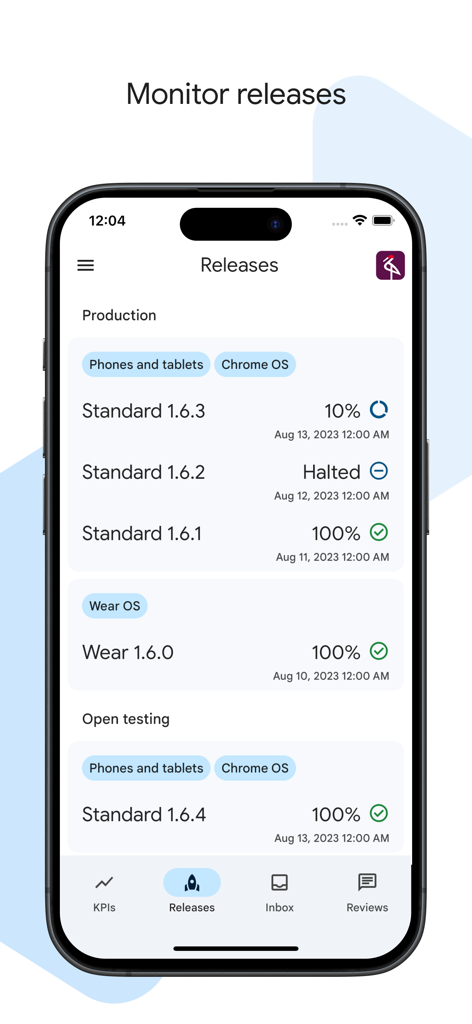 Google Play Console - Google Play Console app on iPhone showing the monitor releases screen with rollout progress and version statuses