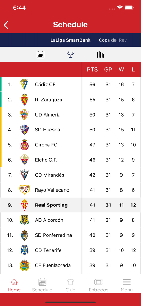 Real Sporting de Gijón App - League table of LaLiga SmartBank showing Real Sporting de Gijon in ninth place with 41 points