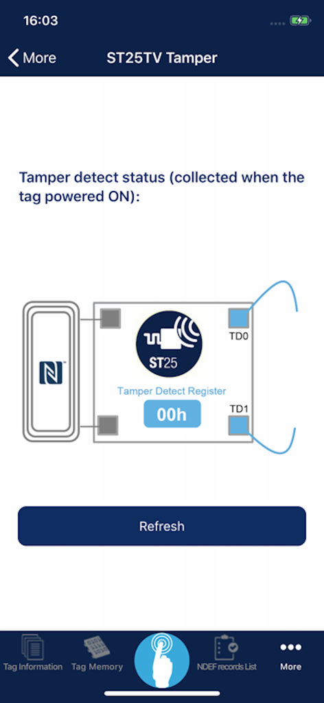 NFC Tap - ST25TV tamper detect status screen in the NFC Tap app