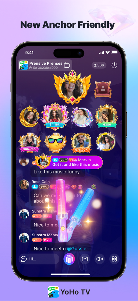 YoHo TV -- Drama & Chat - Écran de l'application YoHo TV montrant un salon de discussion vocale en direct avec des cadres de profil décoratifs et une messagerie en temps réel.