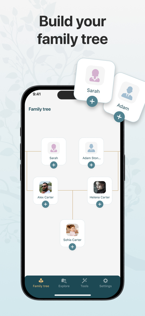 Mobile app interface for building a visual family tree with relative profiles