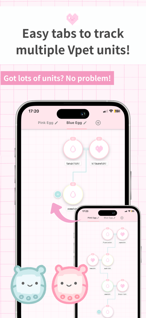 Family Tree for Virtual Pets - App screenshot showing a pastel pink notebook-style interface with tabs for tracking multiple virtual pet units and their lineages.