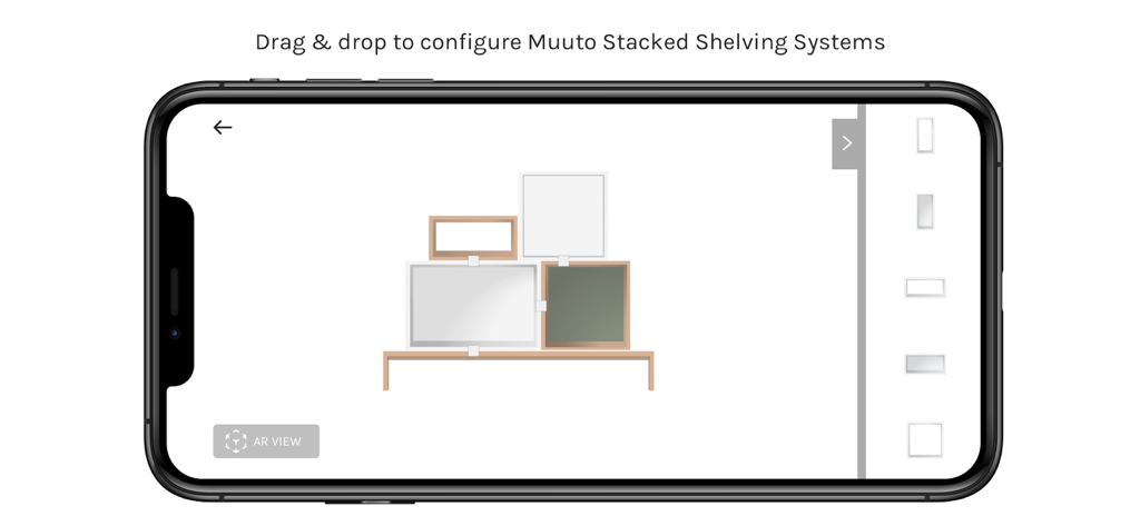 top3 AR | Augmented Reality 3D - Interfaz de aplicación móvil que muestra una herramienta de arrastrar y soltar para configurar un sistema de estanterías modular Muuto