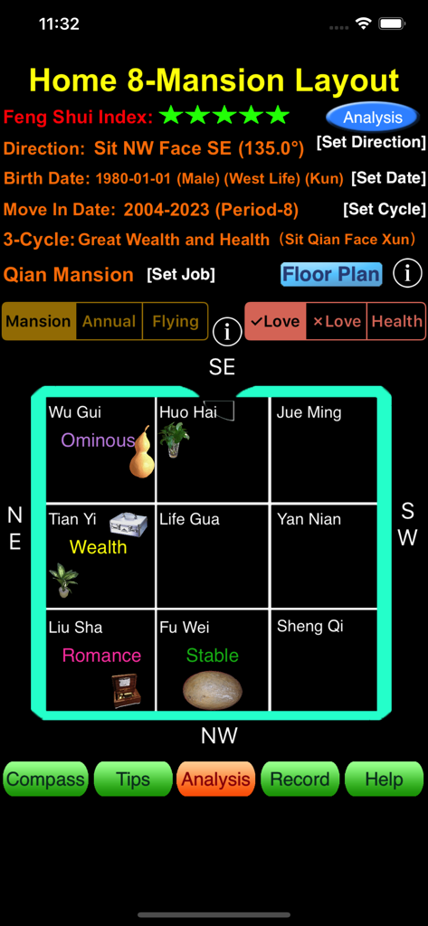 Smart Feng Shui Compass (Lite) - Smartphone screen showing the 8-Mansion layout grid and Feng Shui analysis for a home.