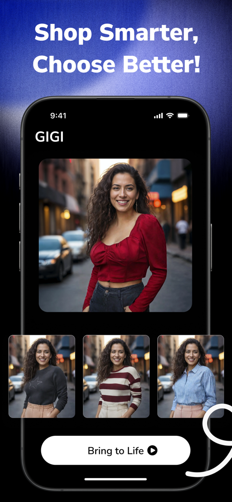 AI Virtual Try On - GIGI - Mobile interface of GIGI app showing AI virtual clothes try-on with various outfit options