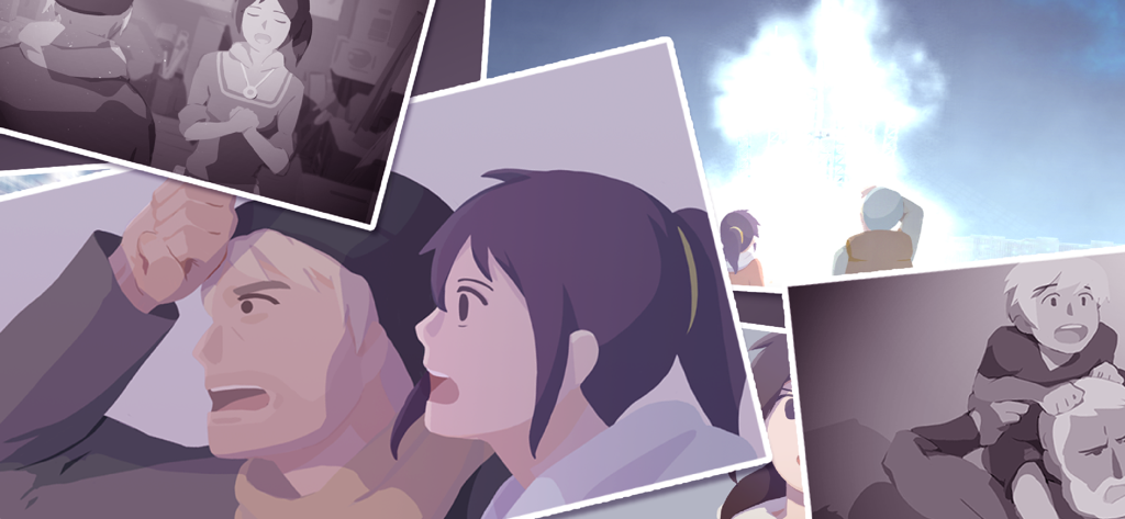 A collage of emotional and cinematic story scenes featuring characters and a rocket launch from OPUS Rocket of Whispers