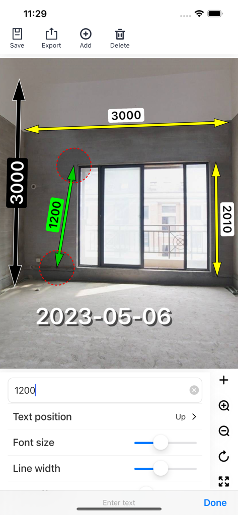 SizeSnap - Markup measurements - Marcado de medición en una foto de renovación de habitación con flechas y etiquetas de dimensión.