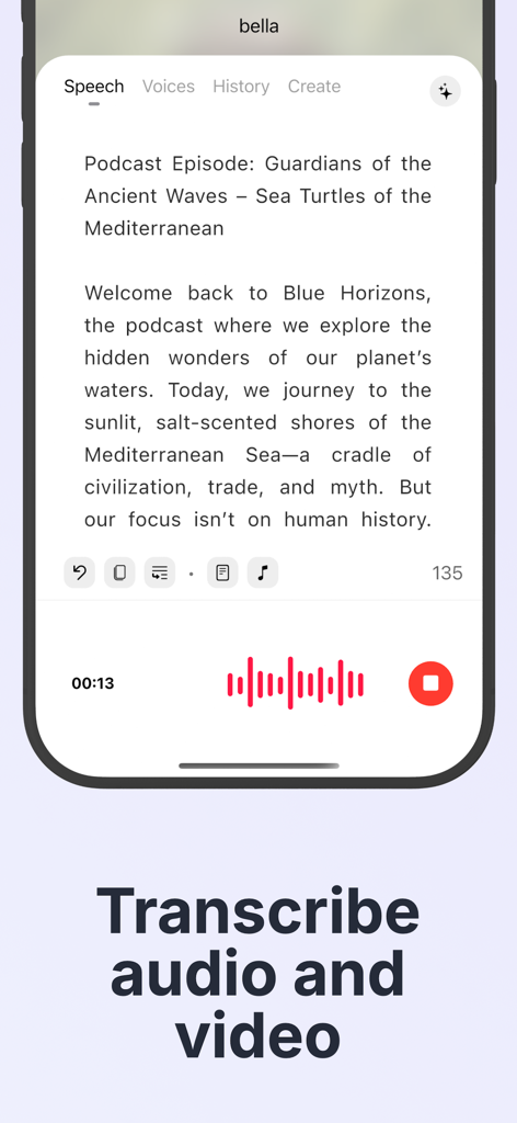Koro Voices: Text to speech - Pantalla de smartphone que muestra la interfaz de la aplicación Koro Voices transcribiendo un episodio de podcast sobre tortugas marinas