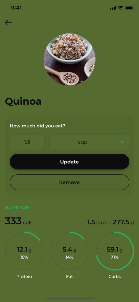 Momentum Fit - Nutrition and macro tracking screen in the Momentum Fit app showing calorie and protein data for a meal log