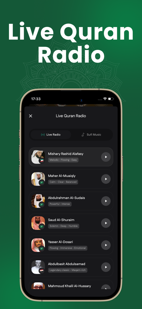 Ramadan Calendar 2026: Safa - Safa app interface showing the Live Quran Radio feature with a list of famous reciters like Mishary Rashid Alafasy