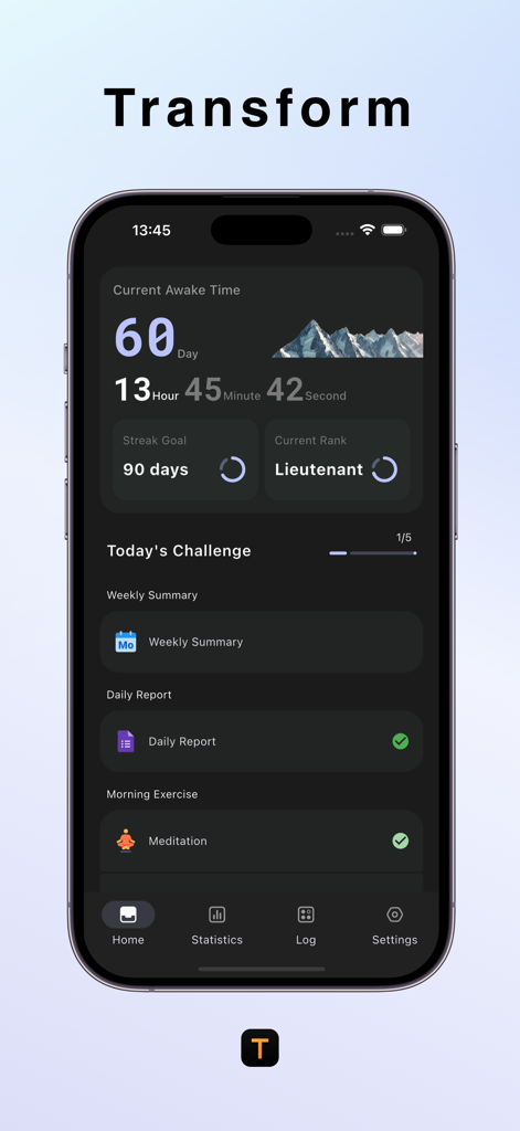Transform: Quit Porn & Fap - El panel de la aplicación Transform con un temporizador de sobriedad de 60 días, objetivos de racha y seguimiento del progreso diario.
