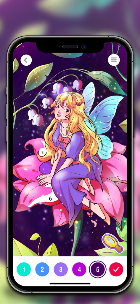 A digital coloring interface featuring a blonde fairy sitting on a large pink flower under a starry night sky