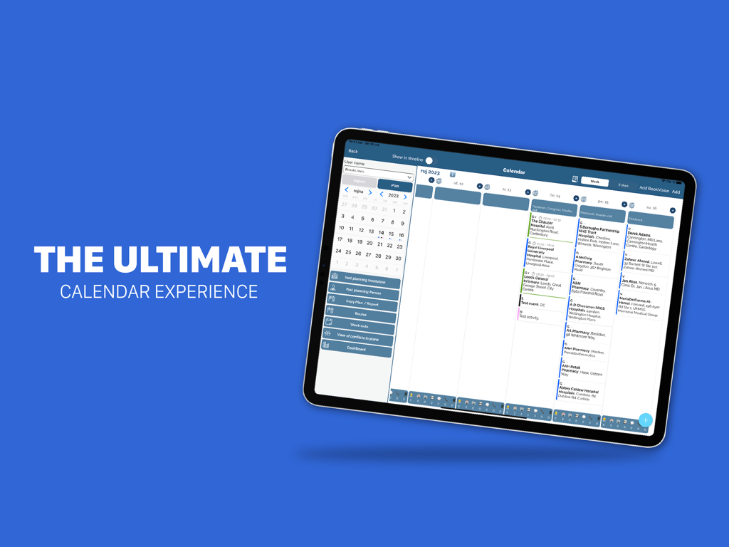 Sales Vision Next CRM Pharma - Sales Vision Next CRM Pharma calendar interface on an iPad displaying a detailed weekly schedule for pharmaceutical sales planning.