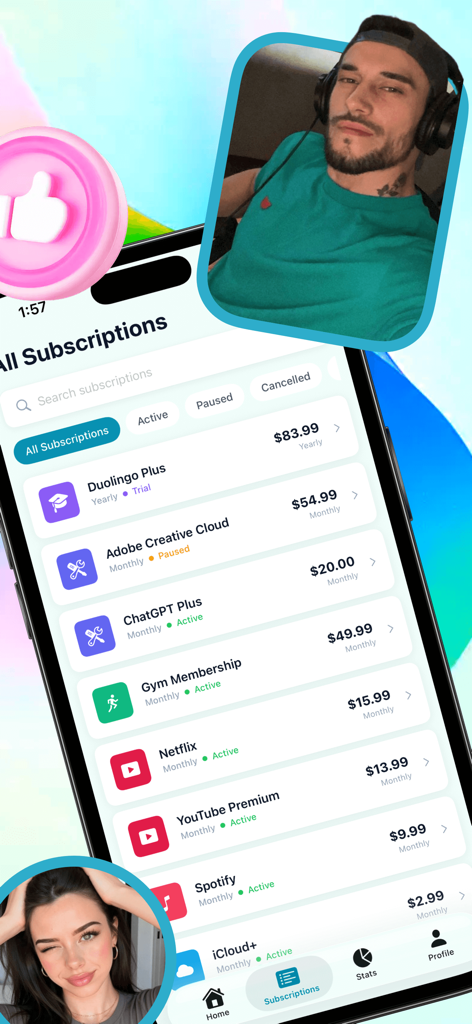 Crado - Smartphone screen showing the Crado app interface with a list of active and paused digital subscriptions and their prices