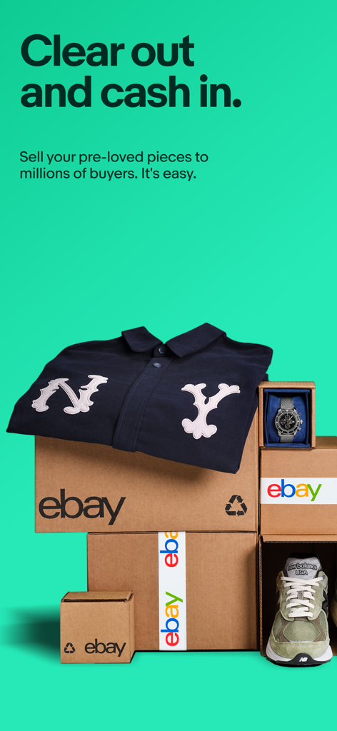 Ebay shipping boxes stacked with a pre-owned shirt, watch, and sneaker with text saying Clear out and cash in