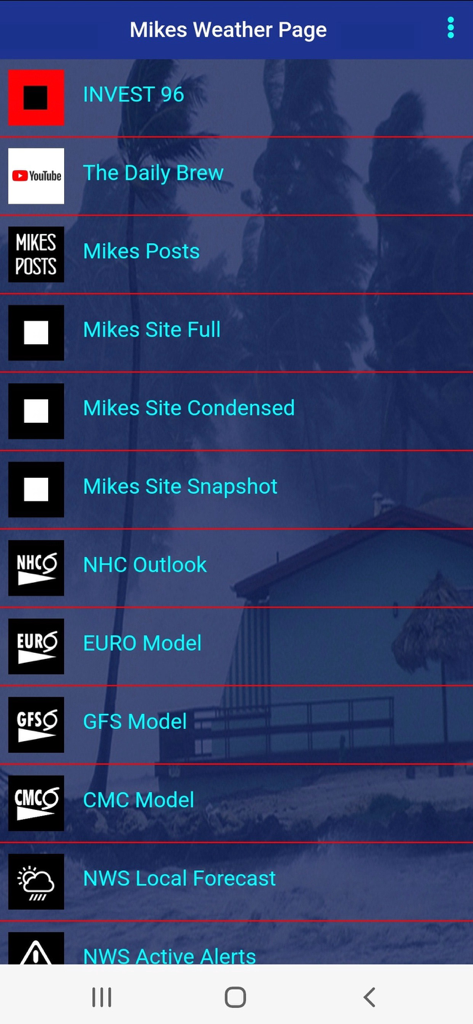 Mikes Weather Page app menu showing hurricane tracking models and weather alerts