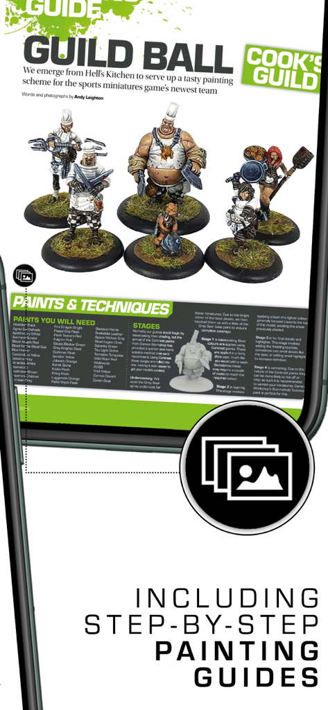 Digital magazine page showing a step-by-step miniature painting guide for Guild Ball