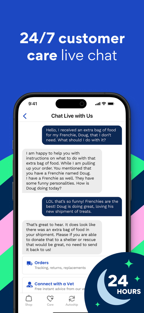 Chewy - Pet Care & Pharmacy - Interfaccia della chat dal vivo dell'app Chewy che mostra un'interazione amichevole con il servizio clienti disponibile 24/7 per i proprietari di animali