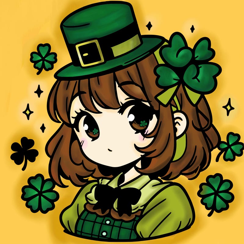 a manga-style girl with clovers around her, a little hat in her hair, like it's saint patrick's day