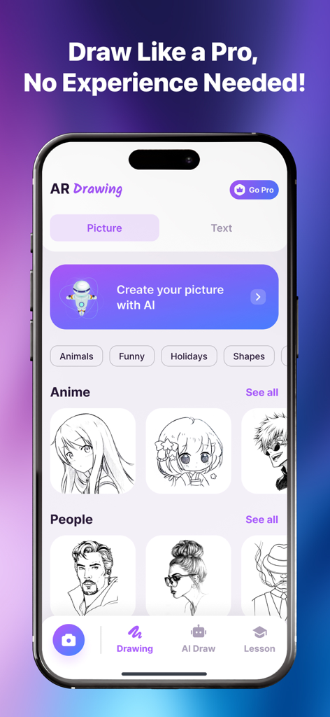 AR Drawing: Simply Draw Sketch - Pantalla de inicio de la app AR Drawing mostrando varias categorías de bocetos como anime y personas