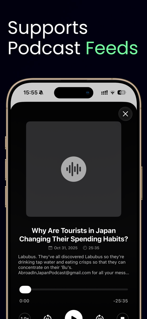 Minimalist podcast player interface on the Simplio RSS Reader app showing a news episode about Japan