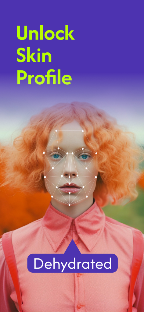 FaceYourself: AI Face Analysis - AI顔スキャンが肌プロファイル分析のために女性の顔をマッピングし、脱水の結果を示しています
