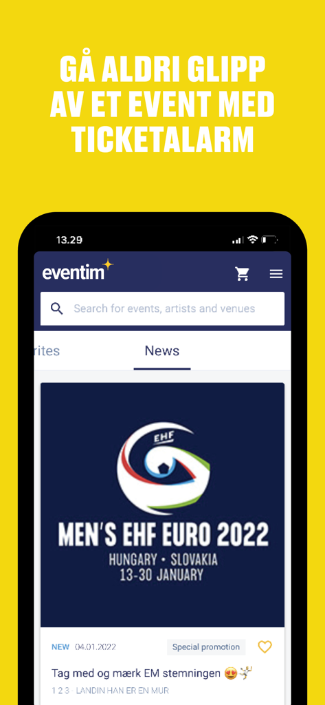 Eventim Norge - A smartphone displaying the Eventim Norge app interface with a ticket alarm notification and news about the Men's EHF EURO 2022.