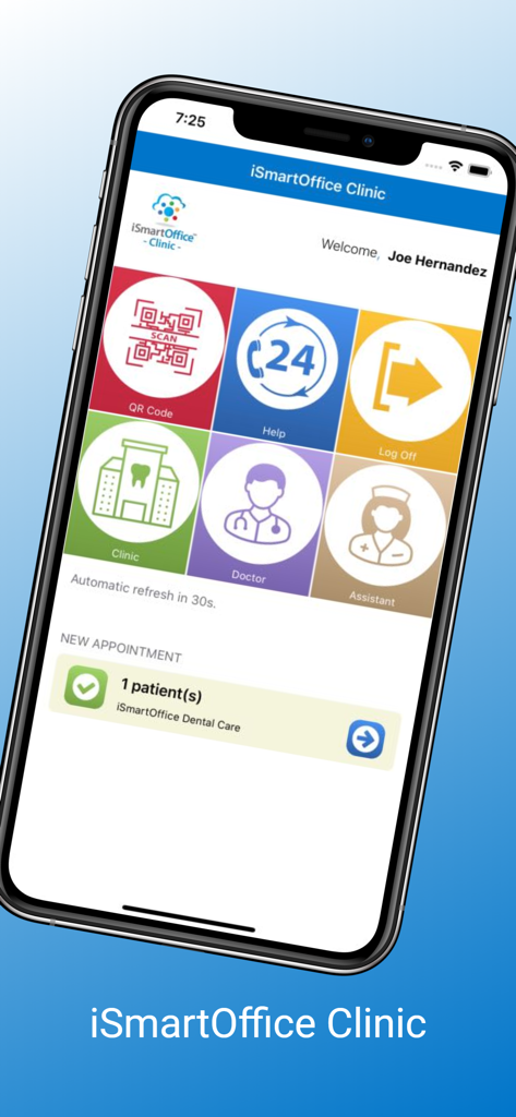 iSmartOffice Clinic - iSmartOffice Clinic mobile app dashboard displaying dental practice management tools including QR code check-in and new appointment notifications.